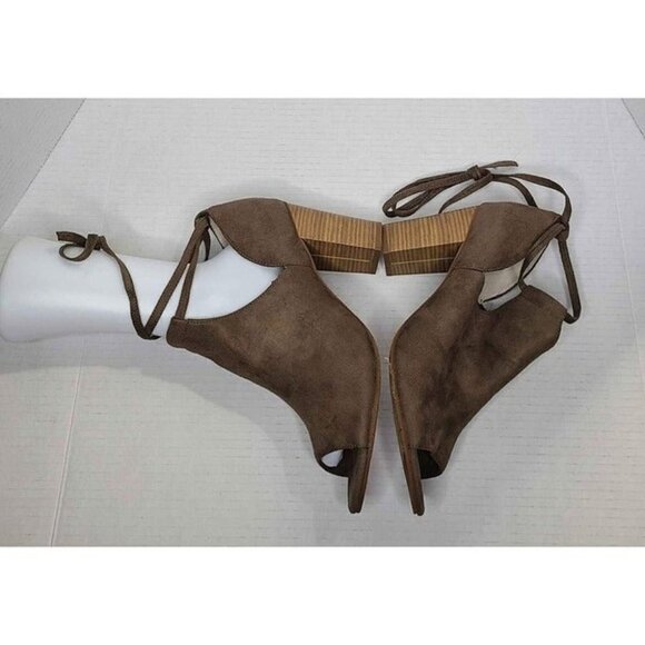BC Vegan Brown Strappy Ankle Tie Open Toe Chunk Heel Shoe Size 11 - Picture 5 of 8